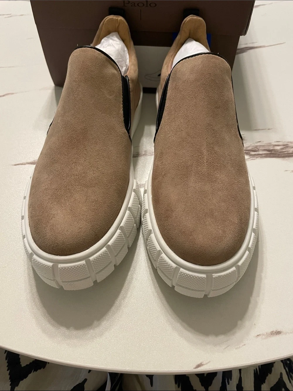PAOLO Kenny Khaki NEw in BoxSuede Women Slip-On Suede Sneakers in Taupe Sz 6 1/2
